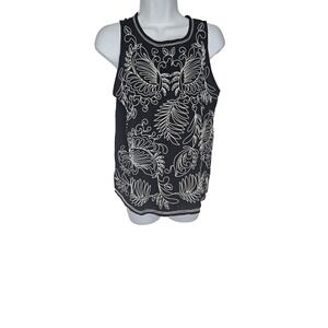 LOFT Women's Black Sleeveless Blouse Small White Embroidered Boho Top NWT